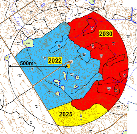 Drawing of the Norunda forest with markings of the sectors and timing of the planned clear cut.